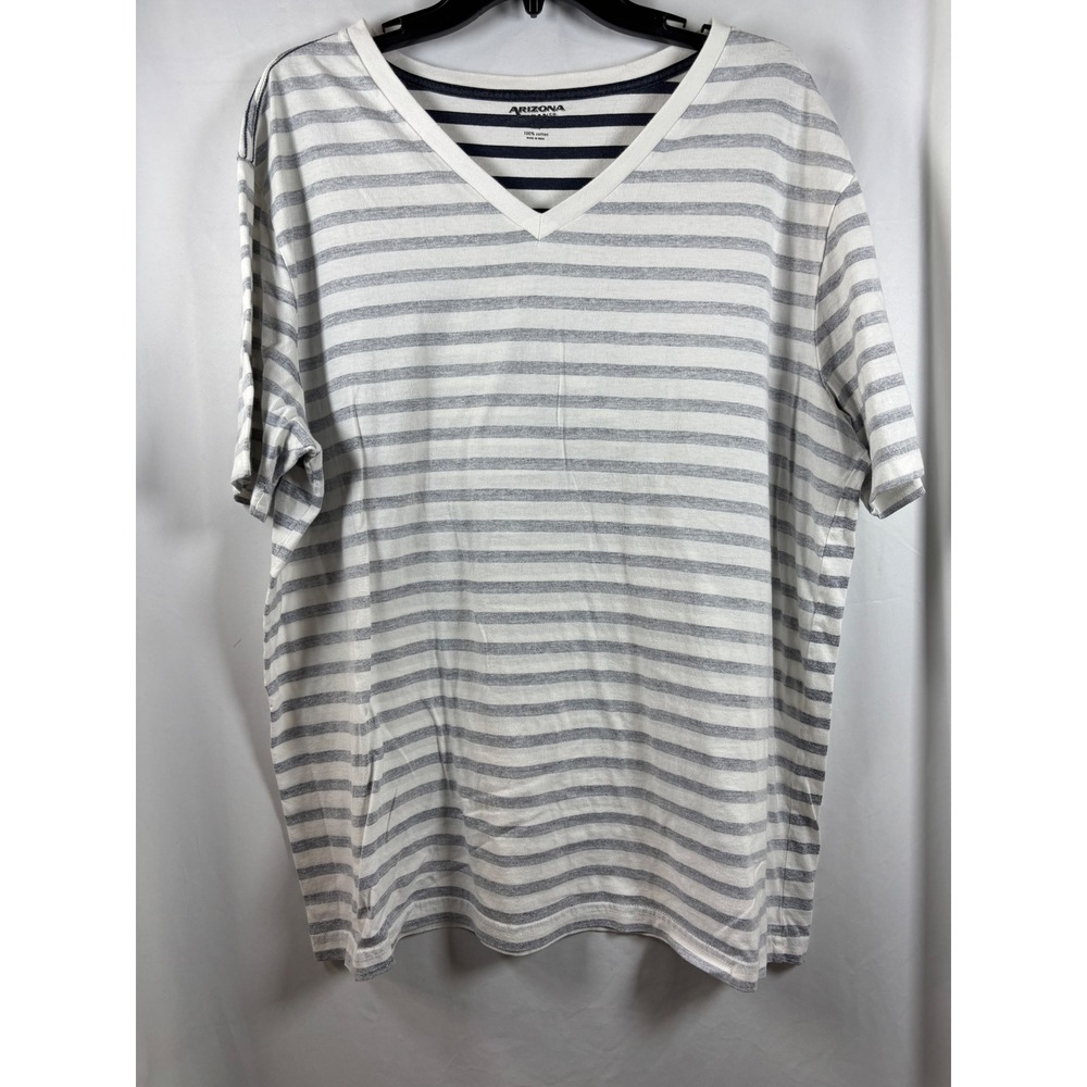 Arizona Jean Co Striped‎ V-Neck T-Shirt Womens XXL White Navy Blue Cotton Tee